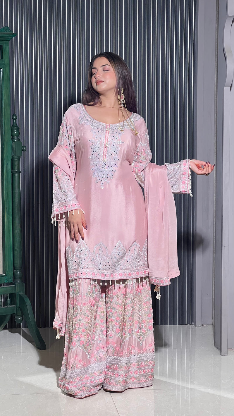 Elegant Chinon Ensemble with Mirror, Zarkan, Swarovski, and Thread Aari Embroidery