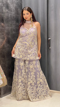Exquisite Net Fabric Ensemble with Dori Work, Sequins, and White Cutdana Embellishments