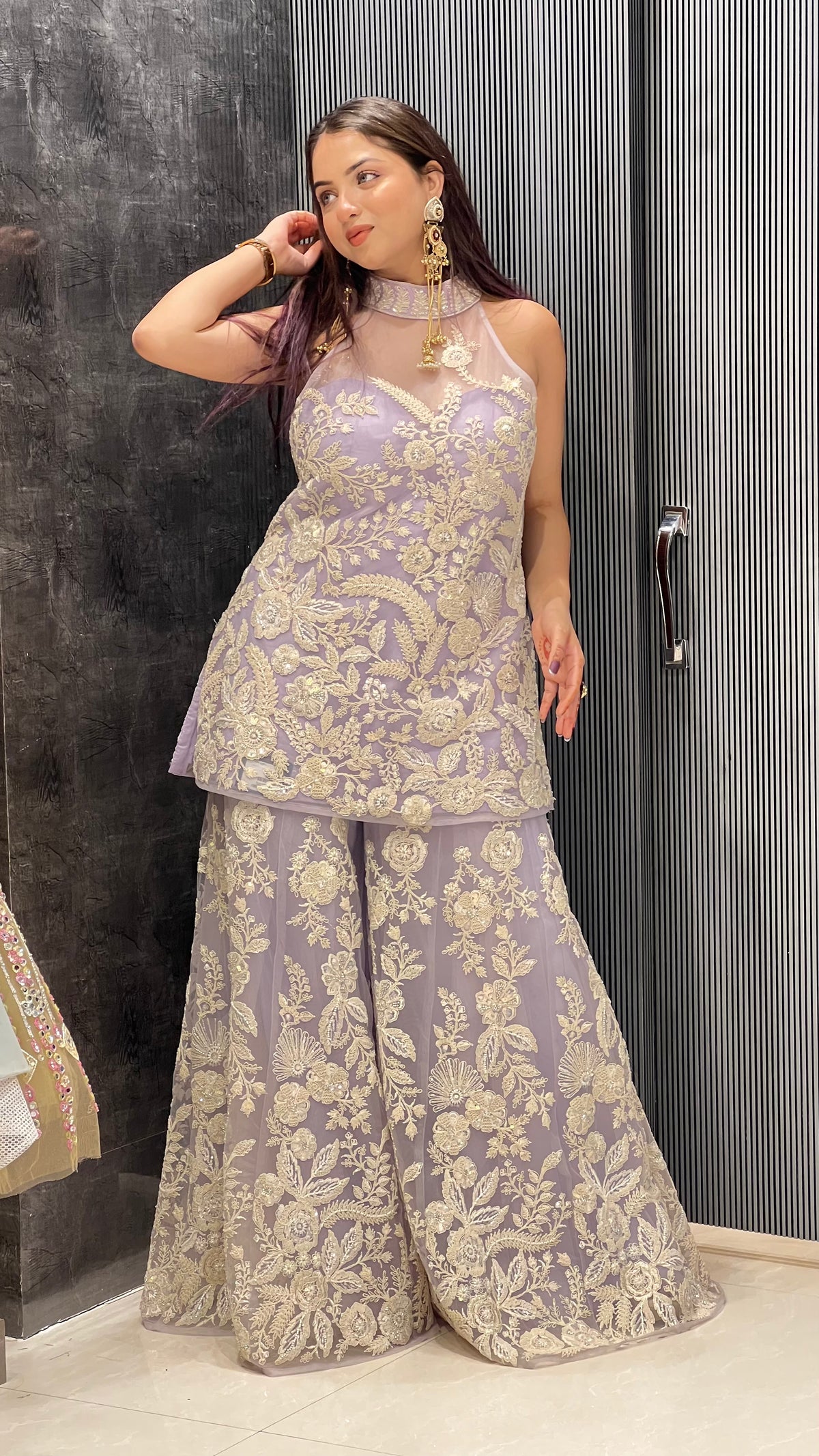 Exquisite Net Fabric Ensemble with Dori Work, Sequins, and White Cutdana Embellishments
