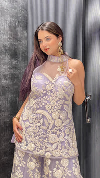 Exquisite Net Fabric Ensemble with Dori Work, Sequins, and White Cutdana Embellishments