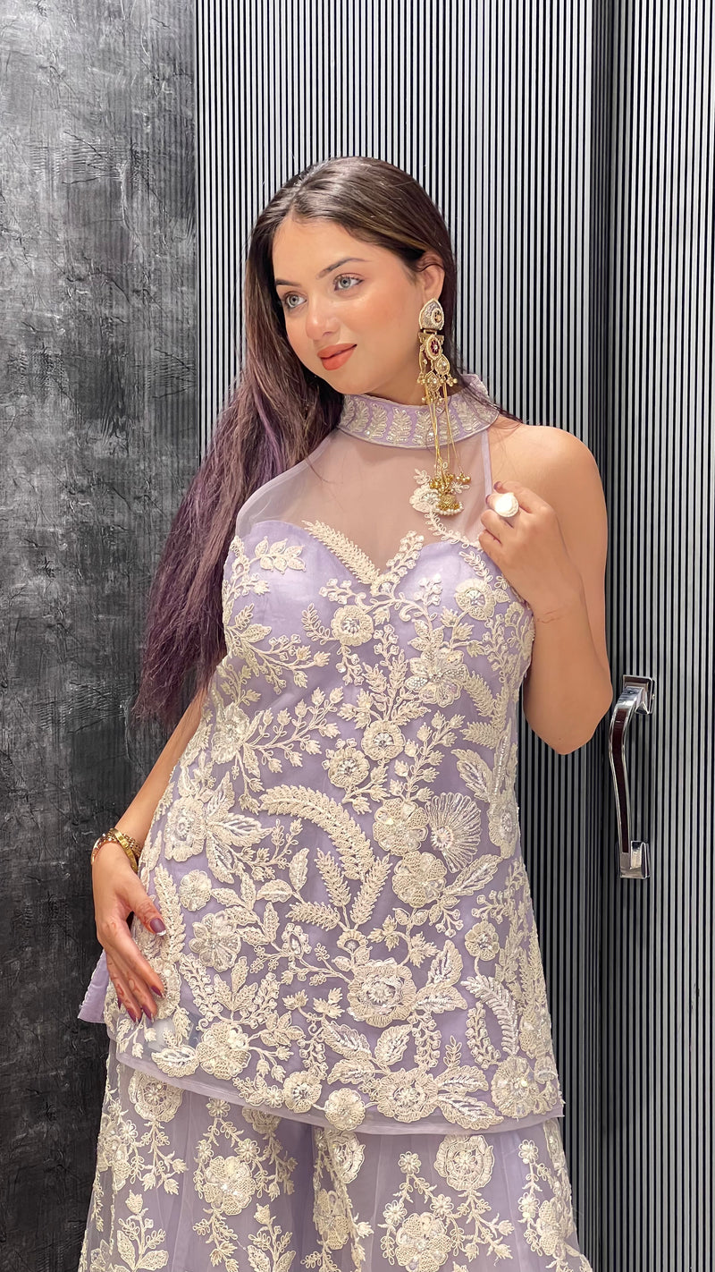Exquisite Net Fabric Ensemble with Dori Work, Sequins, and White Cutdana Embellishments
