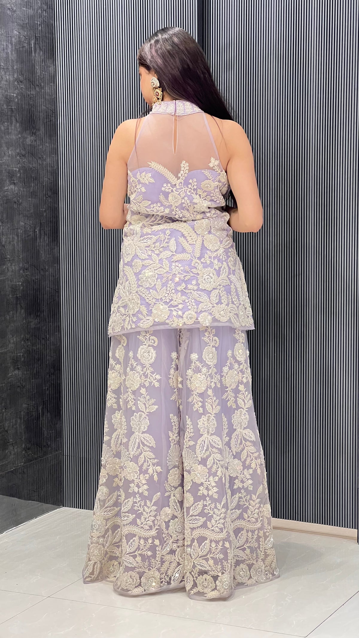 Exquisite Net Fabric Ensemble with Dori Work, Sequins, and White Cutdana Embellishments