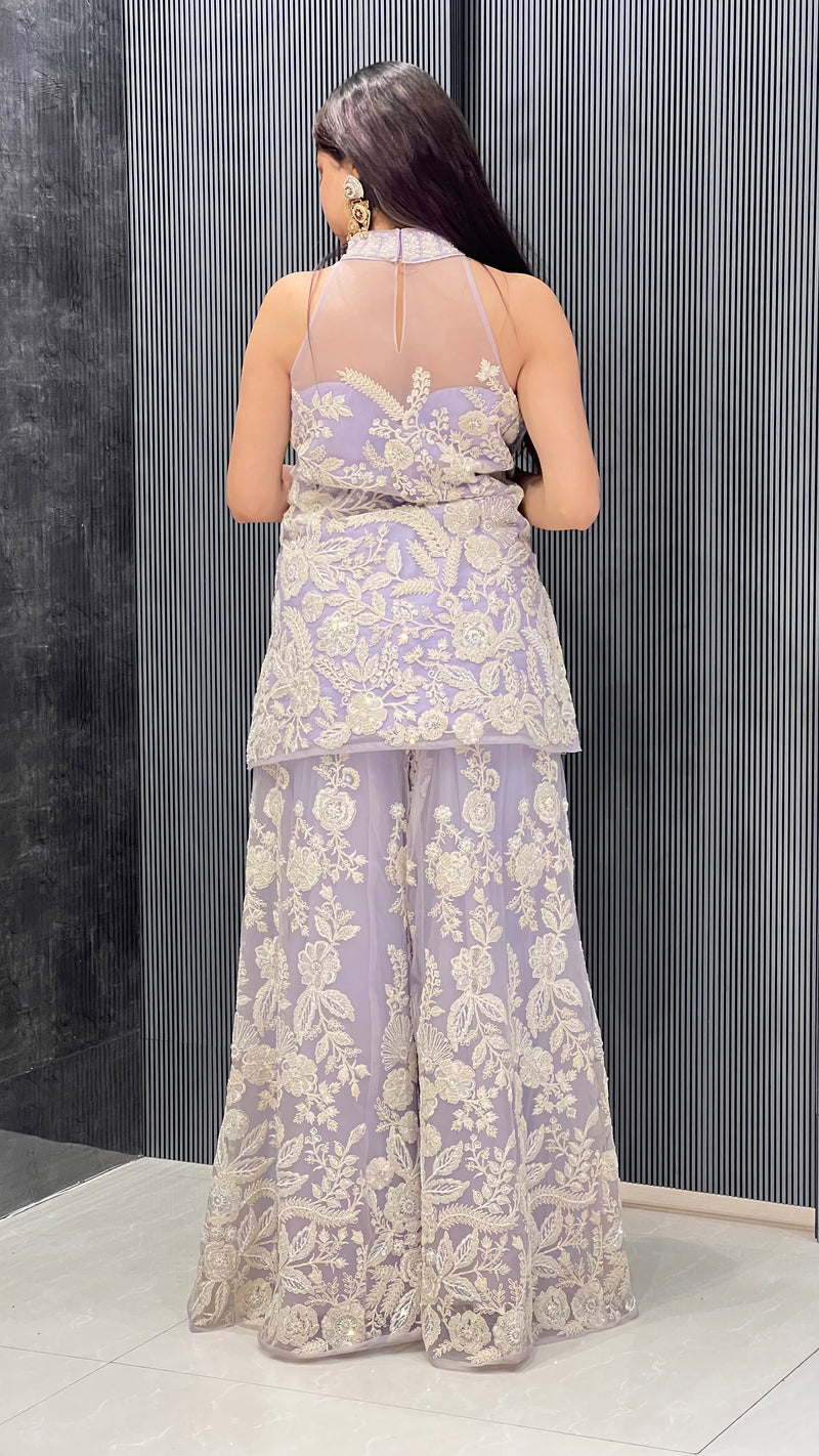 Exquisite Net Fabric Ensemble with Dori Work, Sequins, and White Cutdana Embellishments