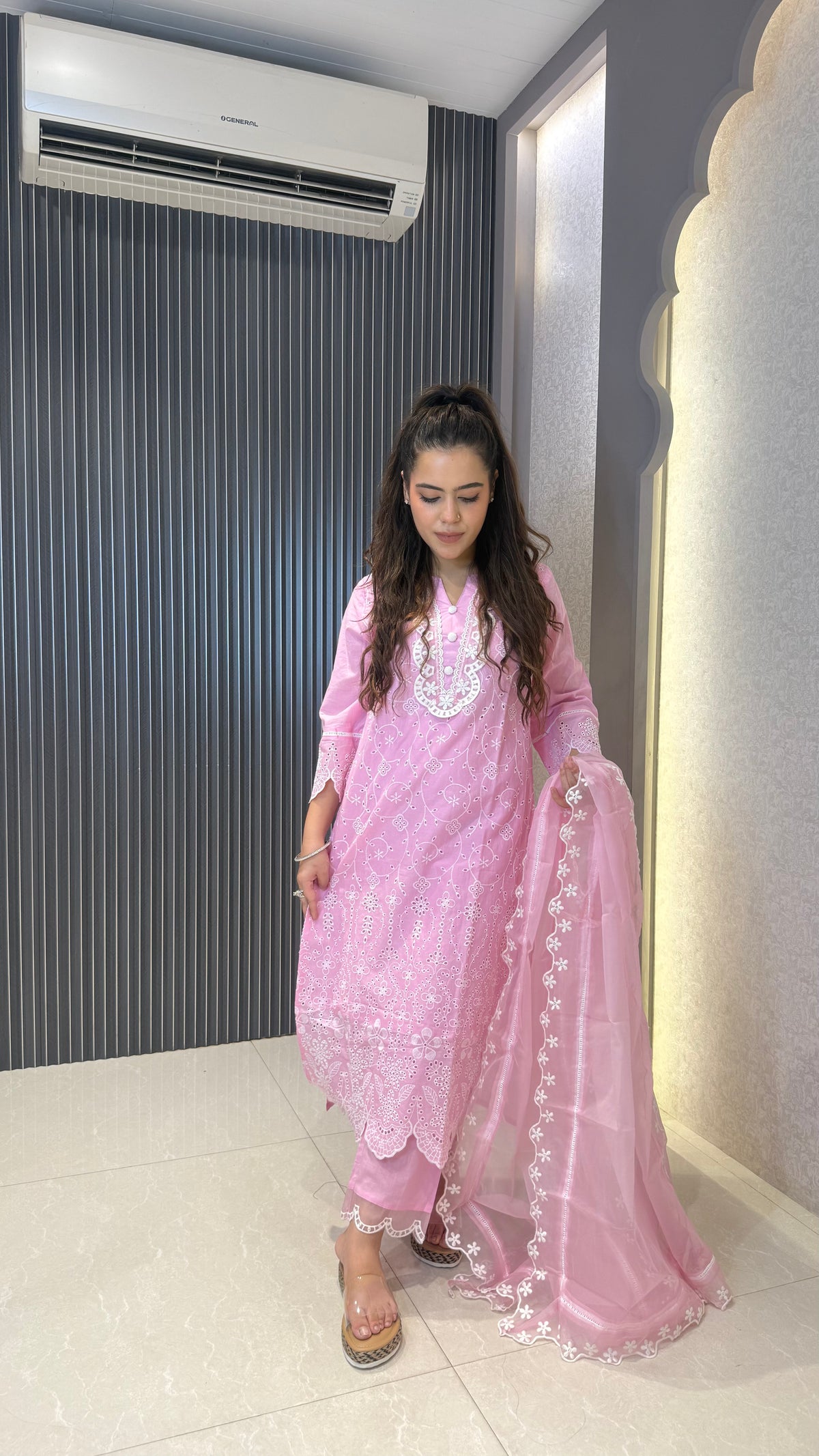 Women's Schiffli Suit Set with Thread Embroidery | Elegant Ethnic Wear |