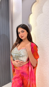 Digital Print Cape & Bottom Indowestern Set with Handwork Blouse | Upto Size 42 | Festive Wear