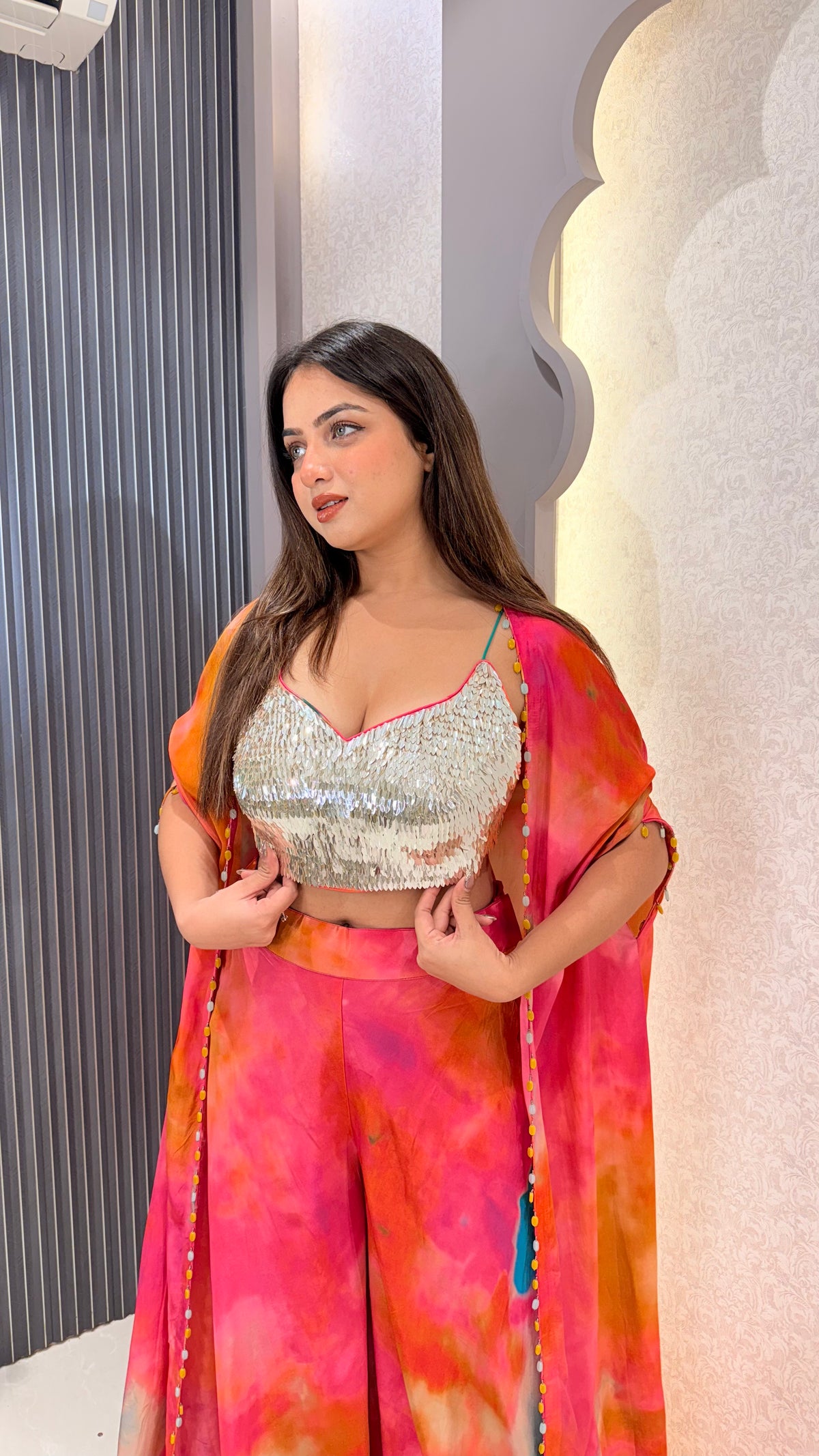 Digital Print Cape & Bottom Indowestern Set with Handwork Blouse | Upto Size 42 | Festive Wear