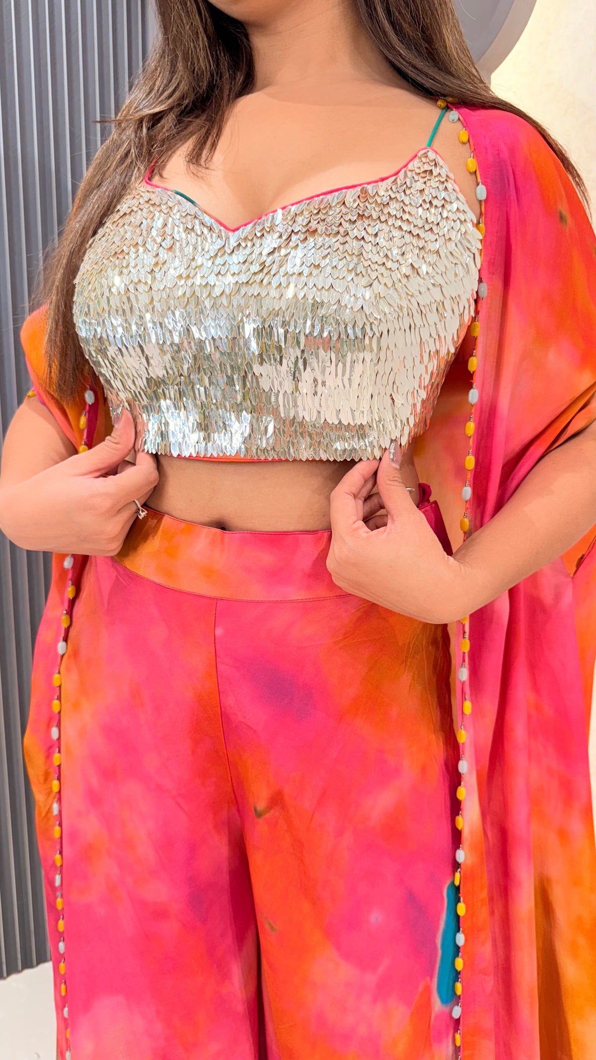 Digital Print Cape & Bottom Indowestern Set with Handwork Blouse | Upto Size 42 | Festive Wear