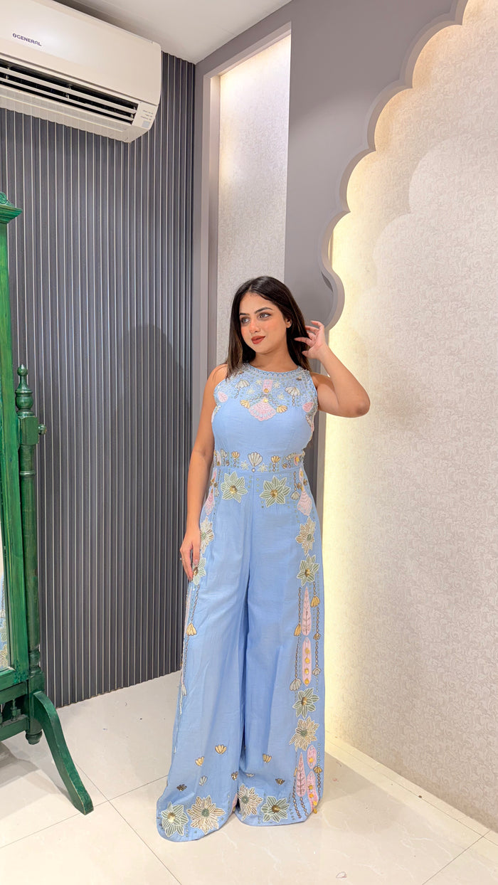 Silk Jumpsuit with Velvet Patching & Hand Embroidery