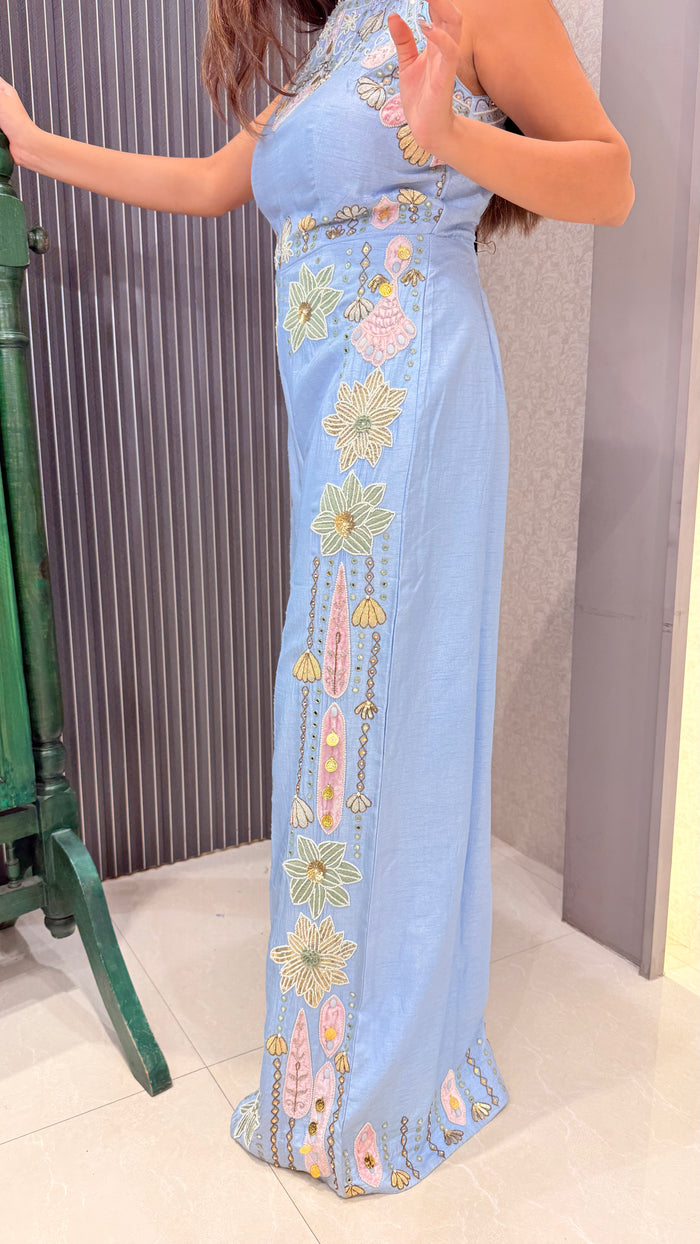 Silk Jumpsuit with Velvet Patching & Hand Embroidery