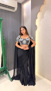 Cape Pattern Saree with Handwork Blouse – Designer Saree Set