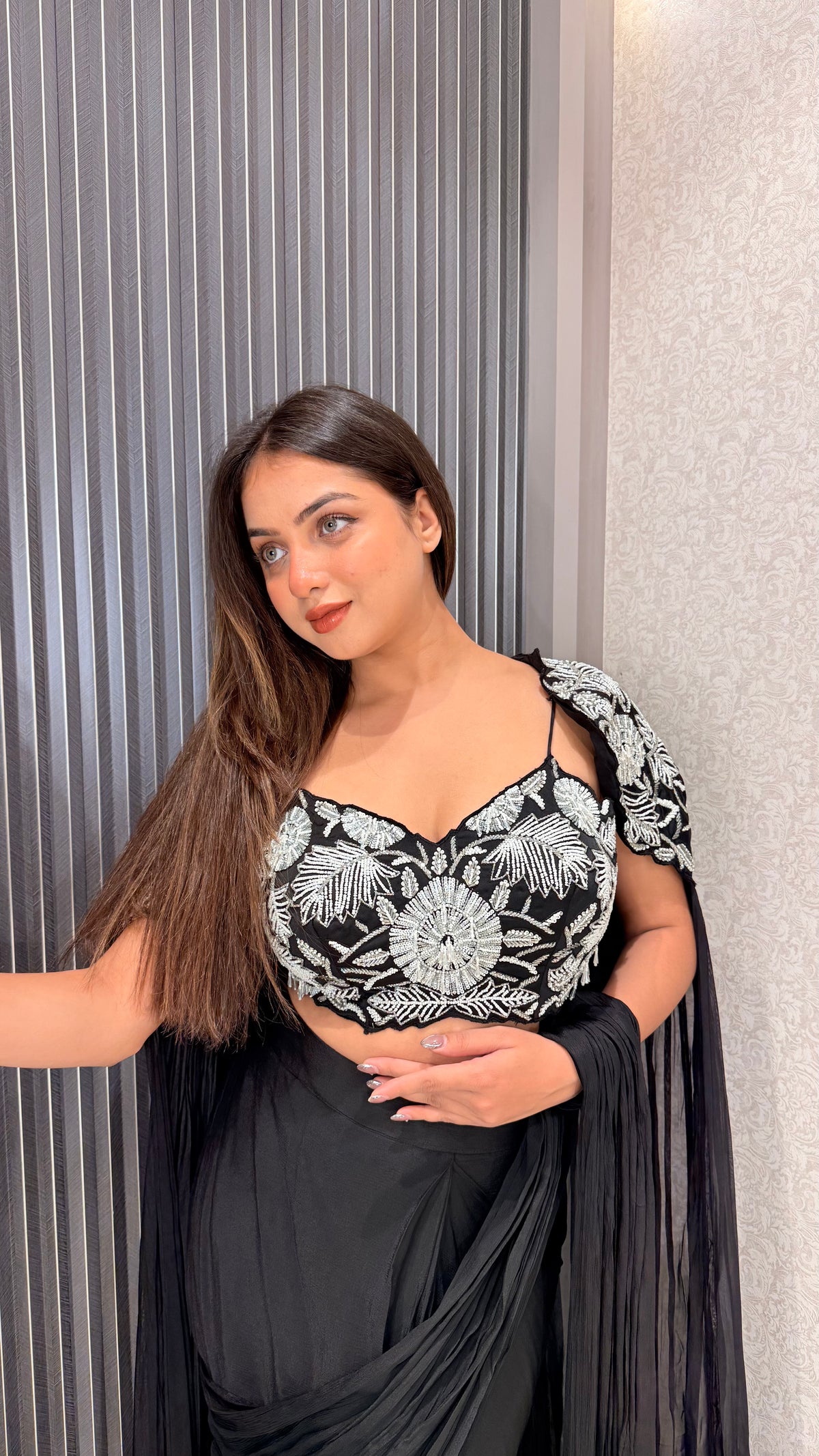 Cape Pattern Saree with Handwork Blouse – Designer Saree Set