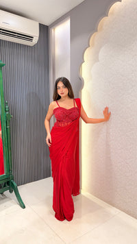 Chinon Corset Saree with Handwork Blouse – Designer Ready-to-Wear Saree
