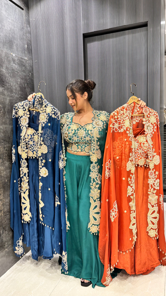 Crepe Handworked Indo-Western 3 Pc Set with Dori Cape Style