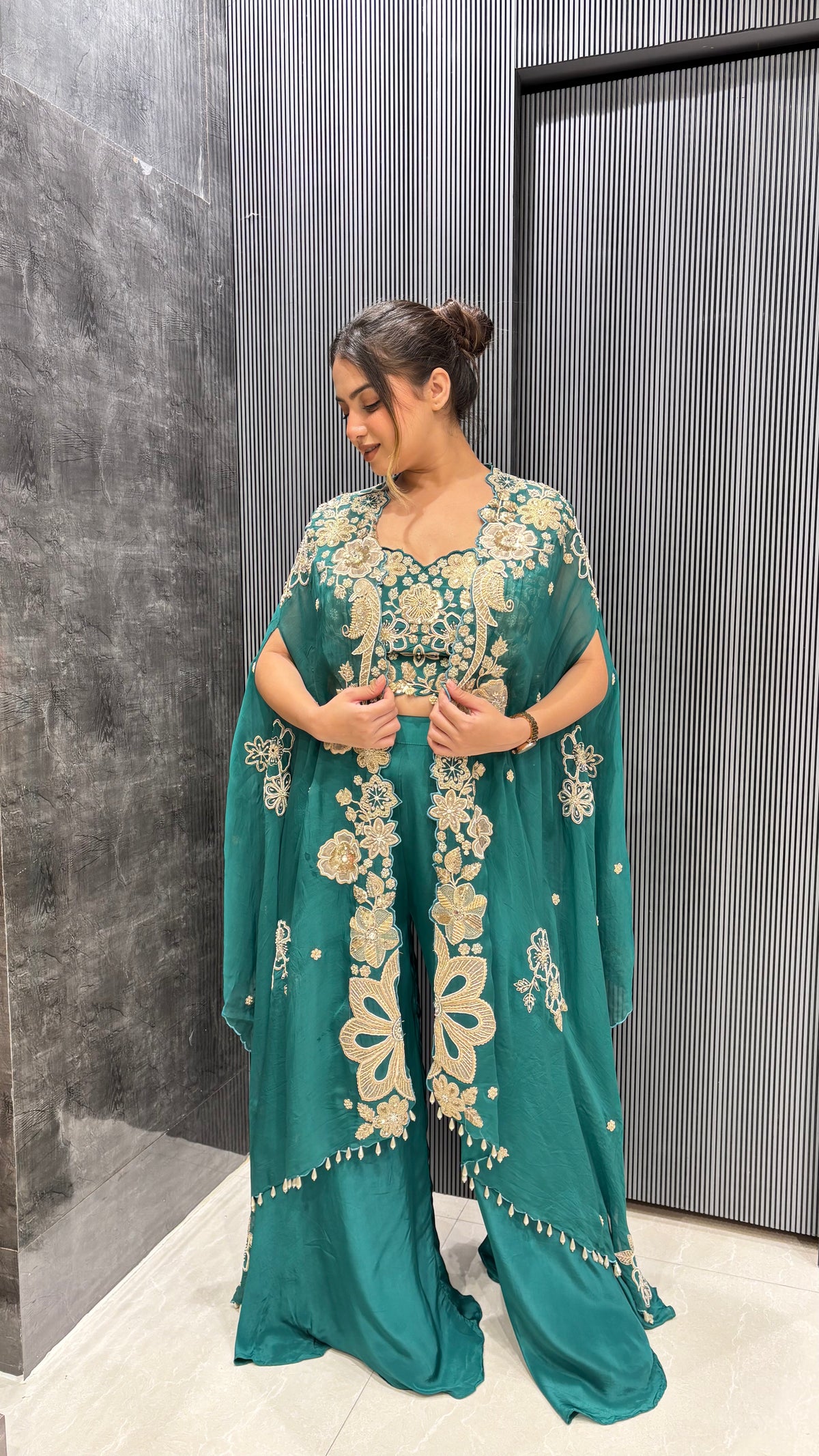 Crepe Handworked Indo-Western 3 Pc Set with Dori Cape Style