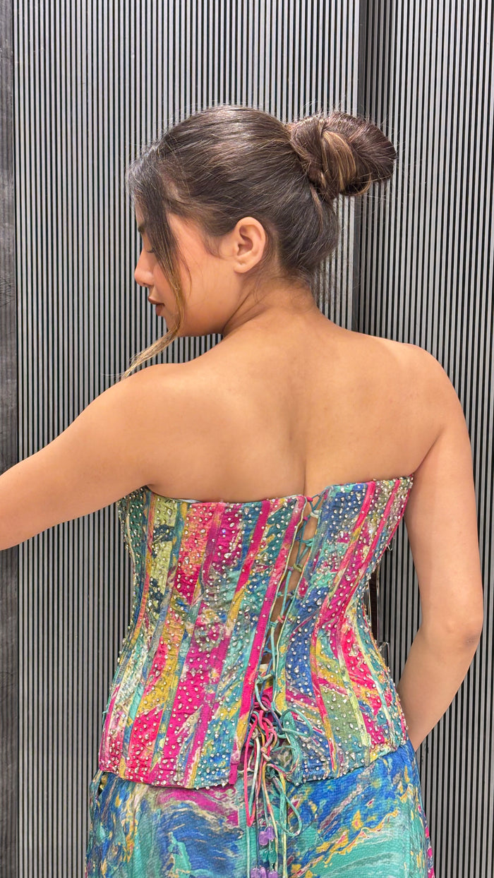 Pure Crepe Corset Blouse with Digital Print & Handwork Detailing