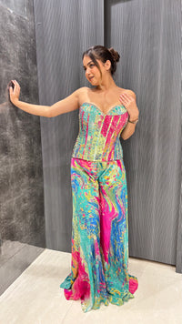 Pure Crepe Corset Blouse with Digital Print & Handwork Detailing