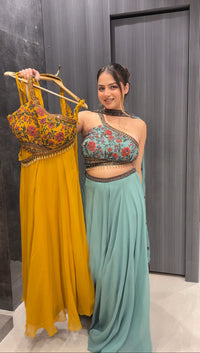 Mustard & Green Georgette Suit with Kashmiri Embroidery & Choker Dupatta