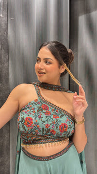 Mustard & Green Georgette Suit with Kashmiri Embroidery & Choker Dupatta