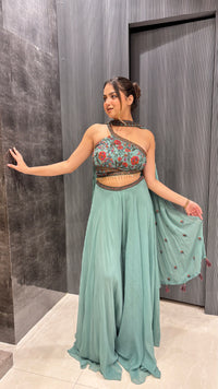 Mustard & Green Georgette Suit with Kashmiri Embroidery & Choker Dupatta