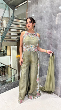 Handworked Designer Jumpsuit –Thread embroidery with pearl dabka and sequin work detailing silk fabric