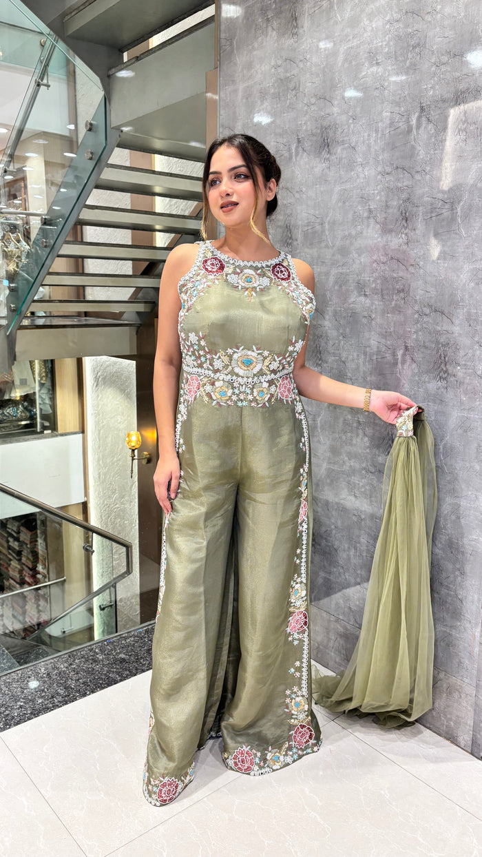 Handworked Designer Jumpsuit –Thread embroidery with pearl dabka and sequin work detailing silk fabric