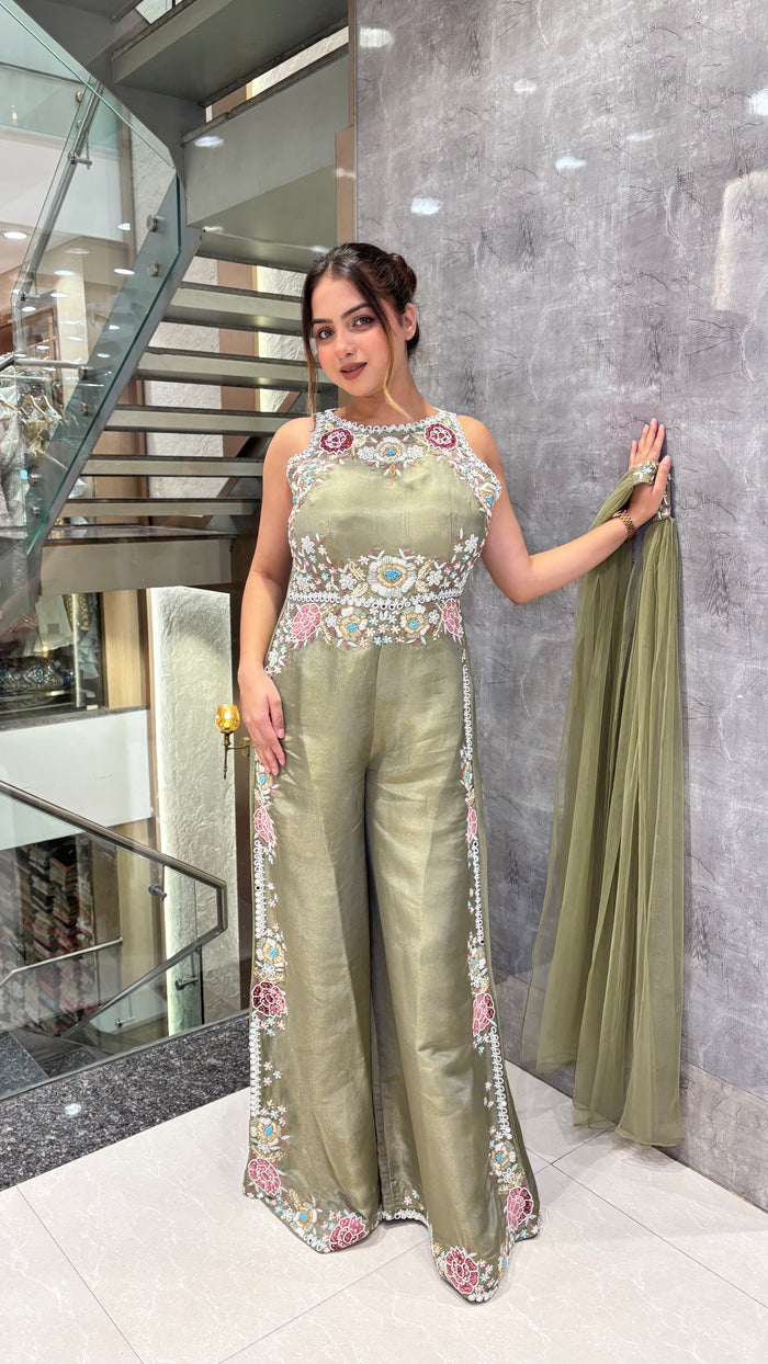Handworked Designer Jumpsuit –Thread embroidery with pearl dabka and sequin work detailing silk fabric