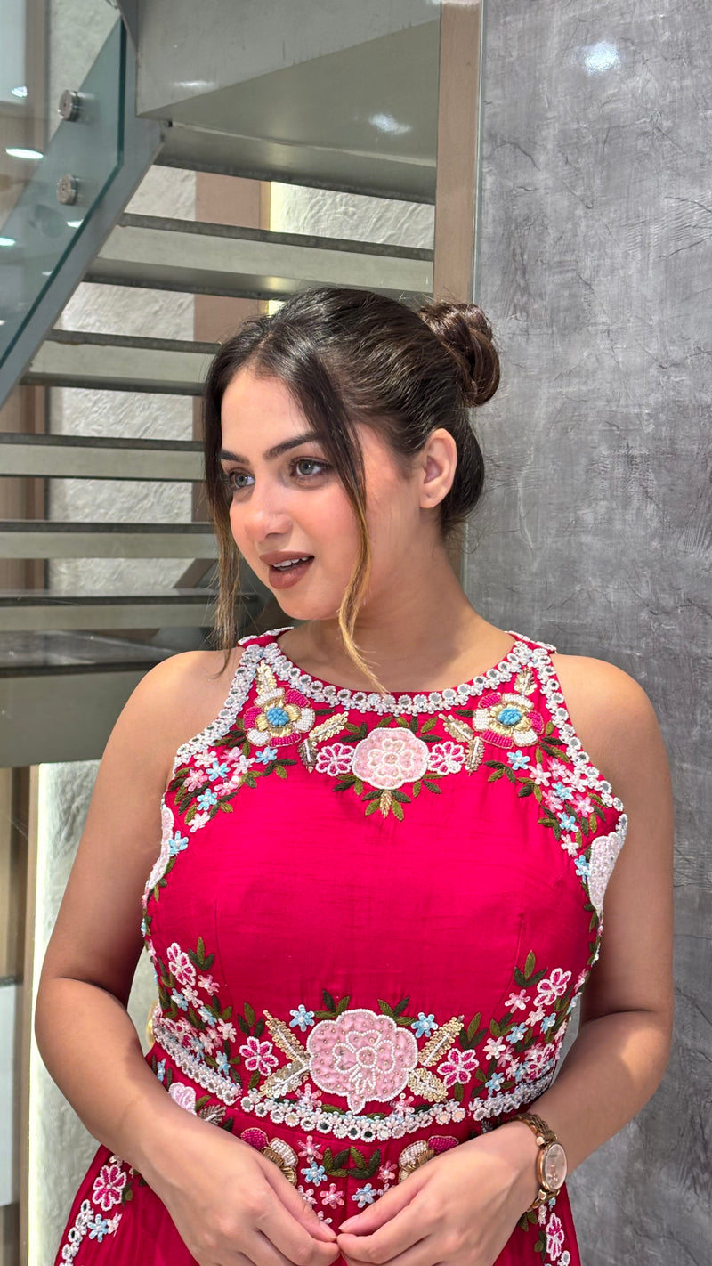 Handworked Designer Jumpsuit Thread embroidery with pearl dabka and sequin work detailing silk fabric