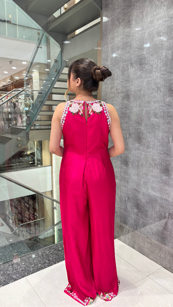 Handworked Designer Jumpsuit Thread embroidery with pearl dabka and sequin work detailing silk fabric