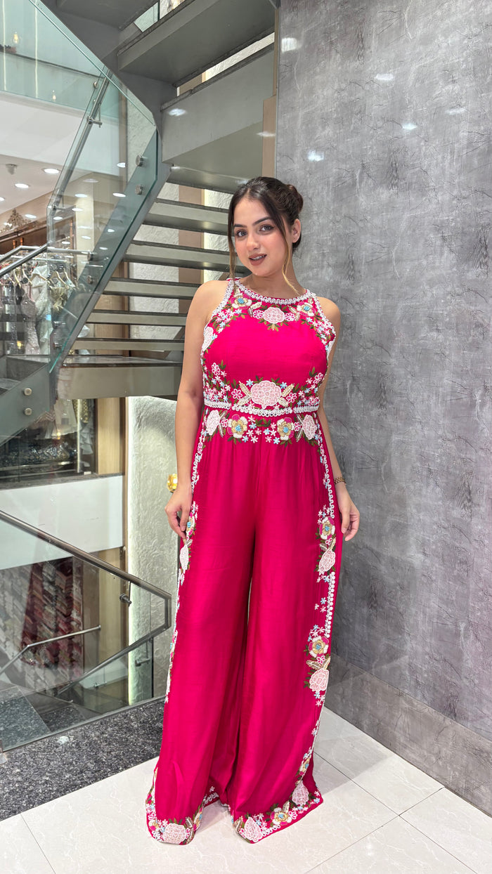 Handworked Designer Jumpsuit Thread embroidery with pearl dabka and sequin work detailing silk fabric