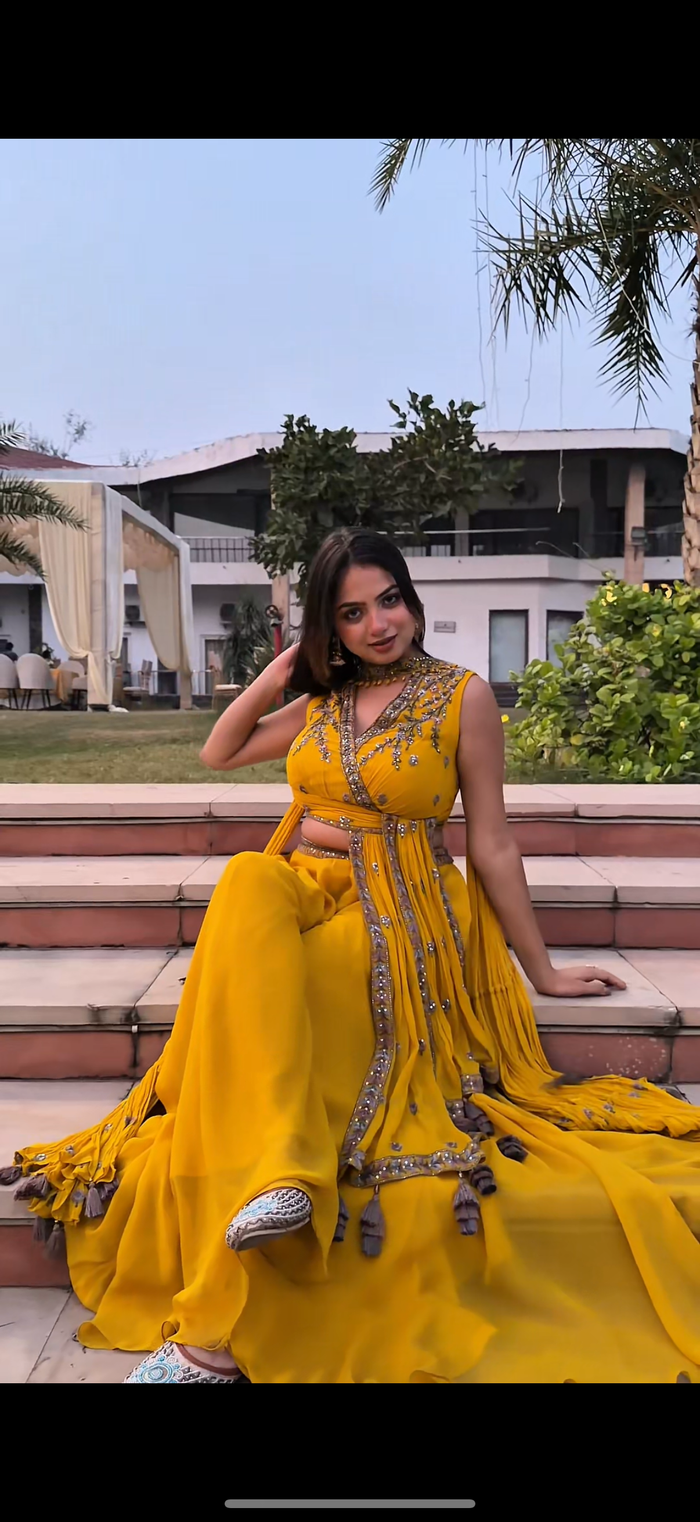 Mustard & Blue Indo-Western Set with Thread Embroidery