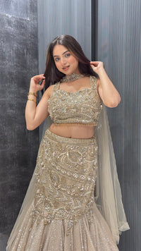 Radiant Fish Cut Lehenga with Shimmer Base – Luxe Evening Wear