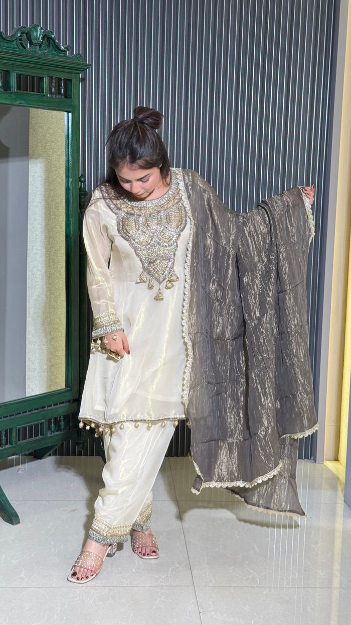 Ethereal Tissue Shimmer Suit – Elegant Festive Ensemble