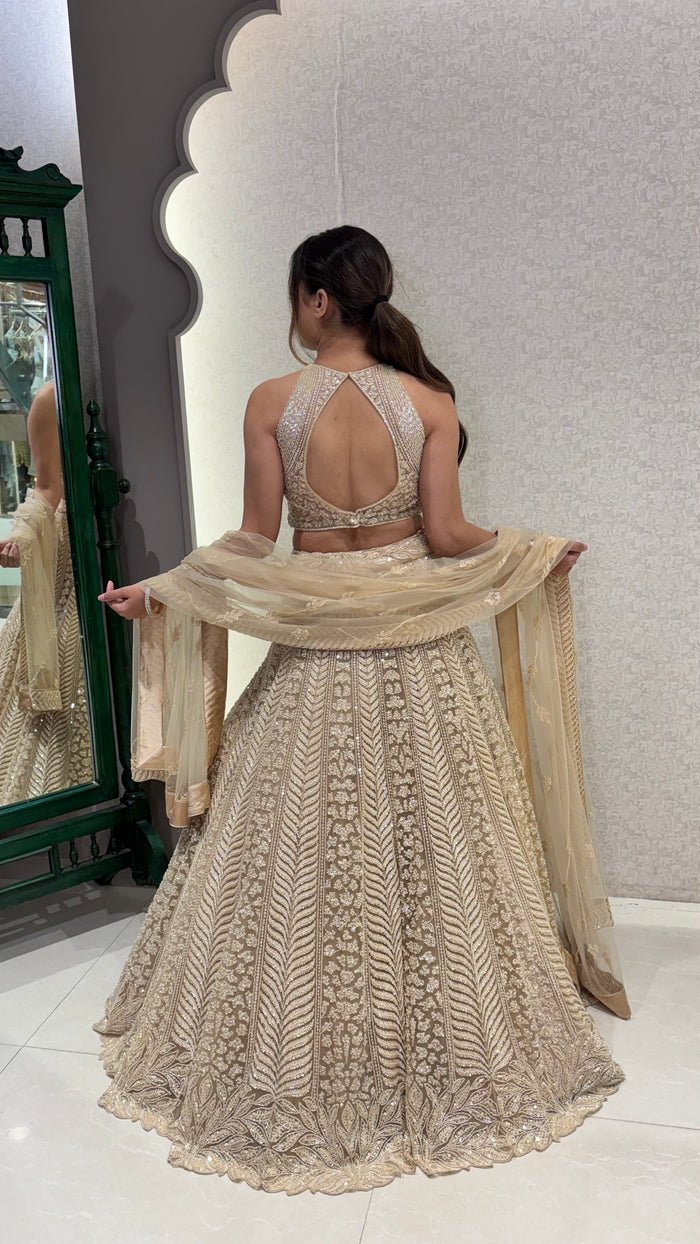 Gold Lehnga with Beads Handwork – Sizes Upto 42