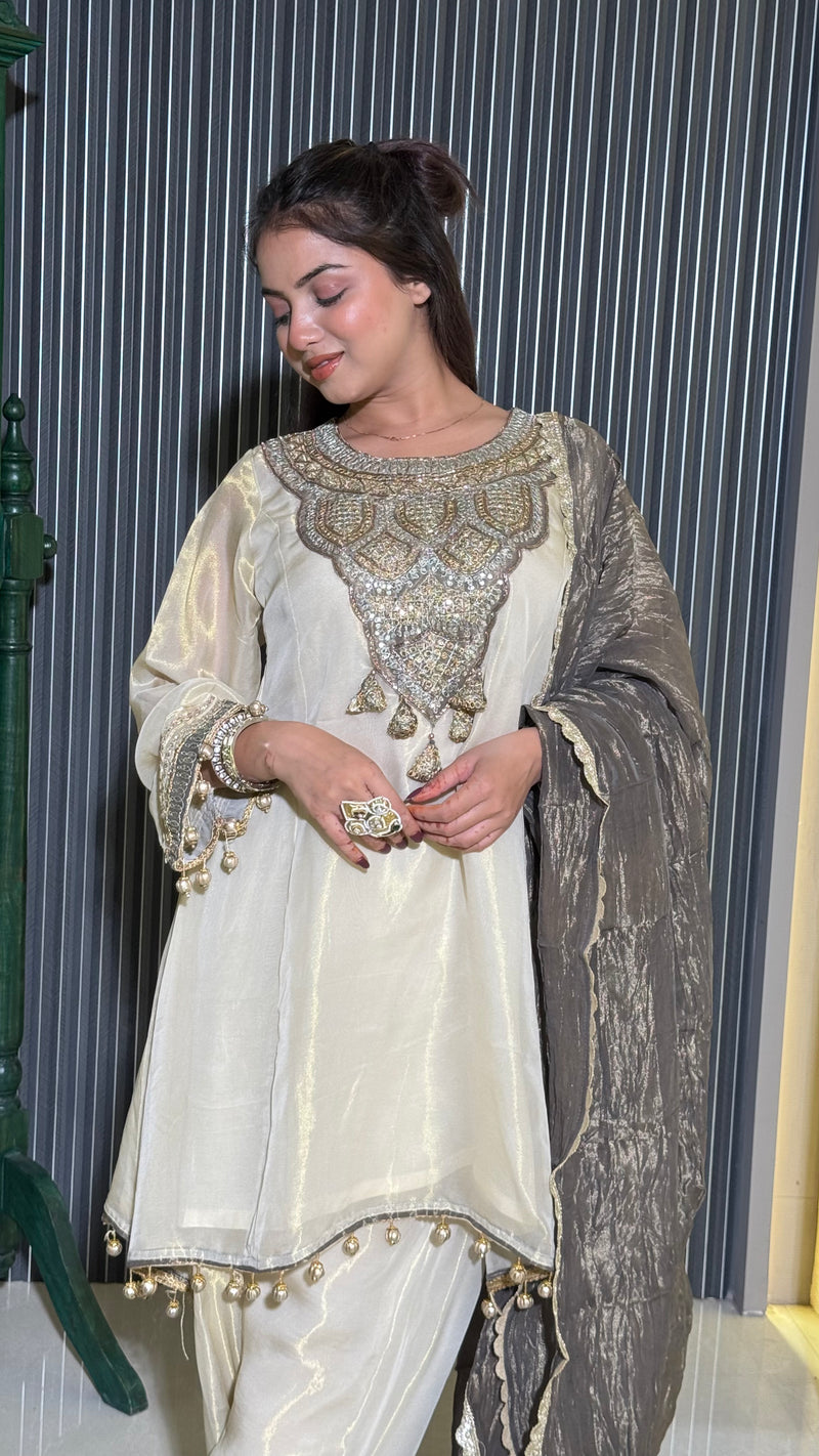 Ethereal Tissue Shimmer Suit – Elegant Festive Ensemble