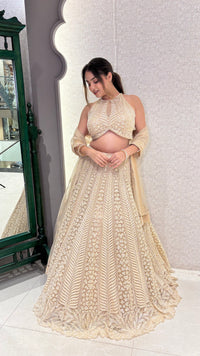 Gold Lehnga with Beads Handwork – Sizes Upto 42