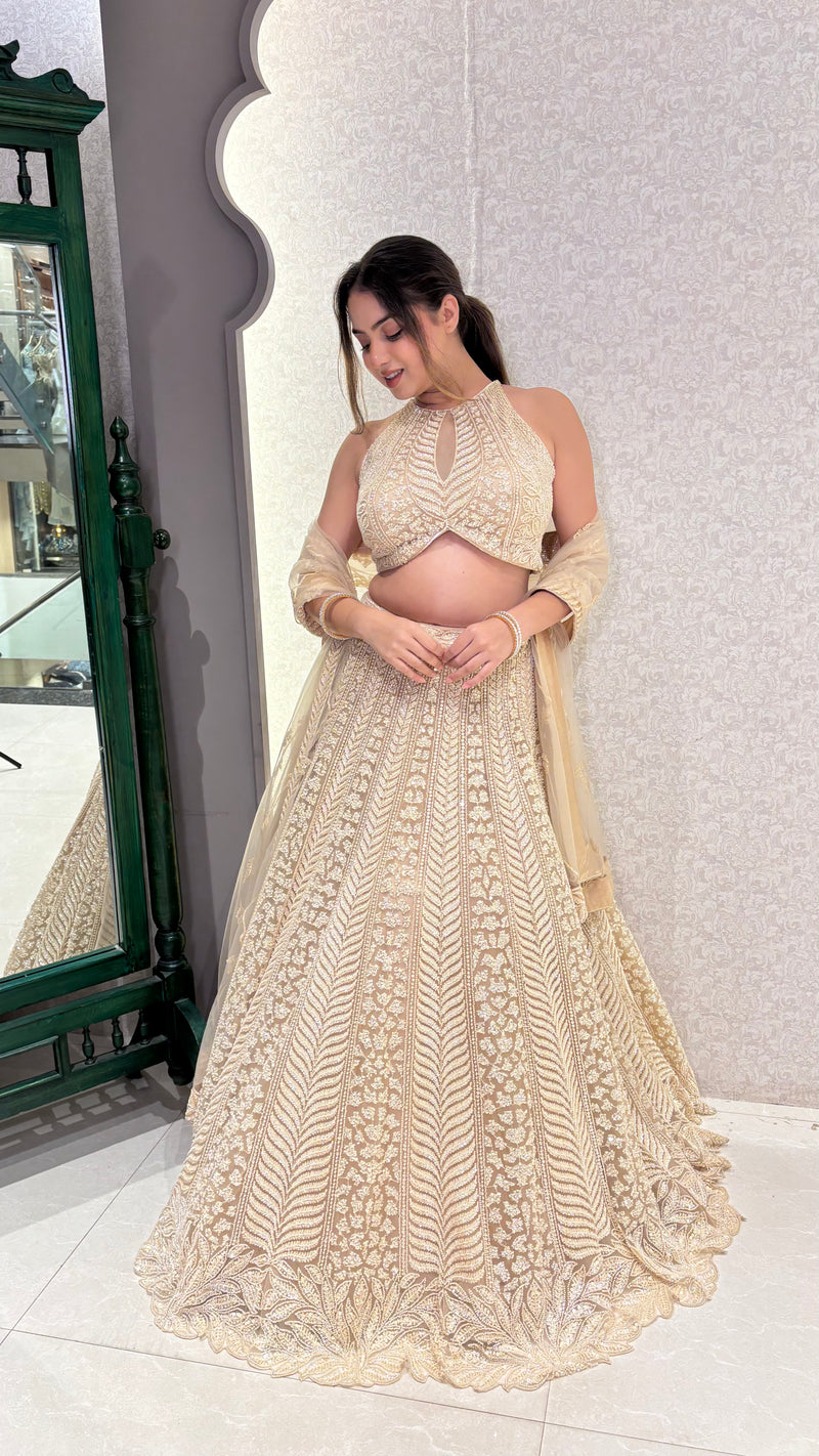 Gold Lehnga with Beads Handwork – Sizes Upto 42