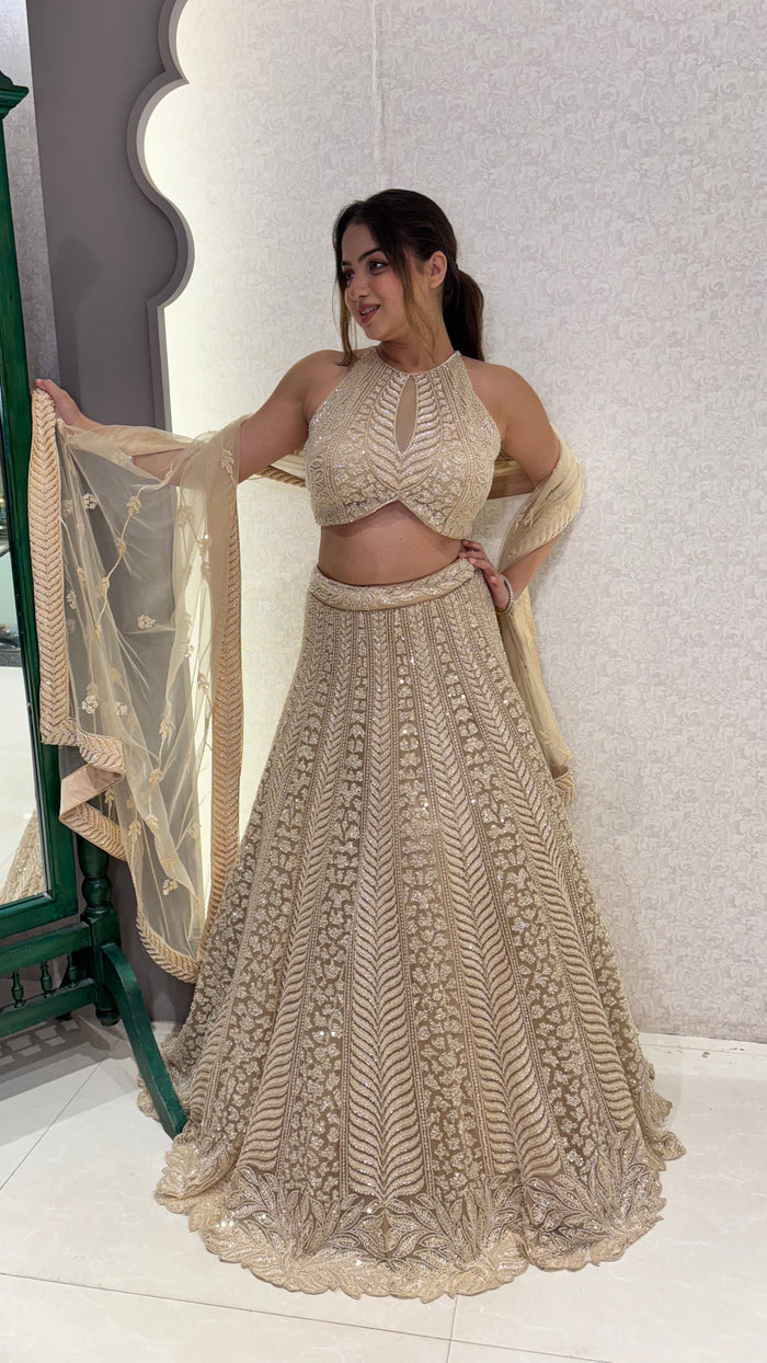 Gold Lehnga with Beads Handwork – Sizes Upto 42
