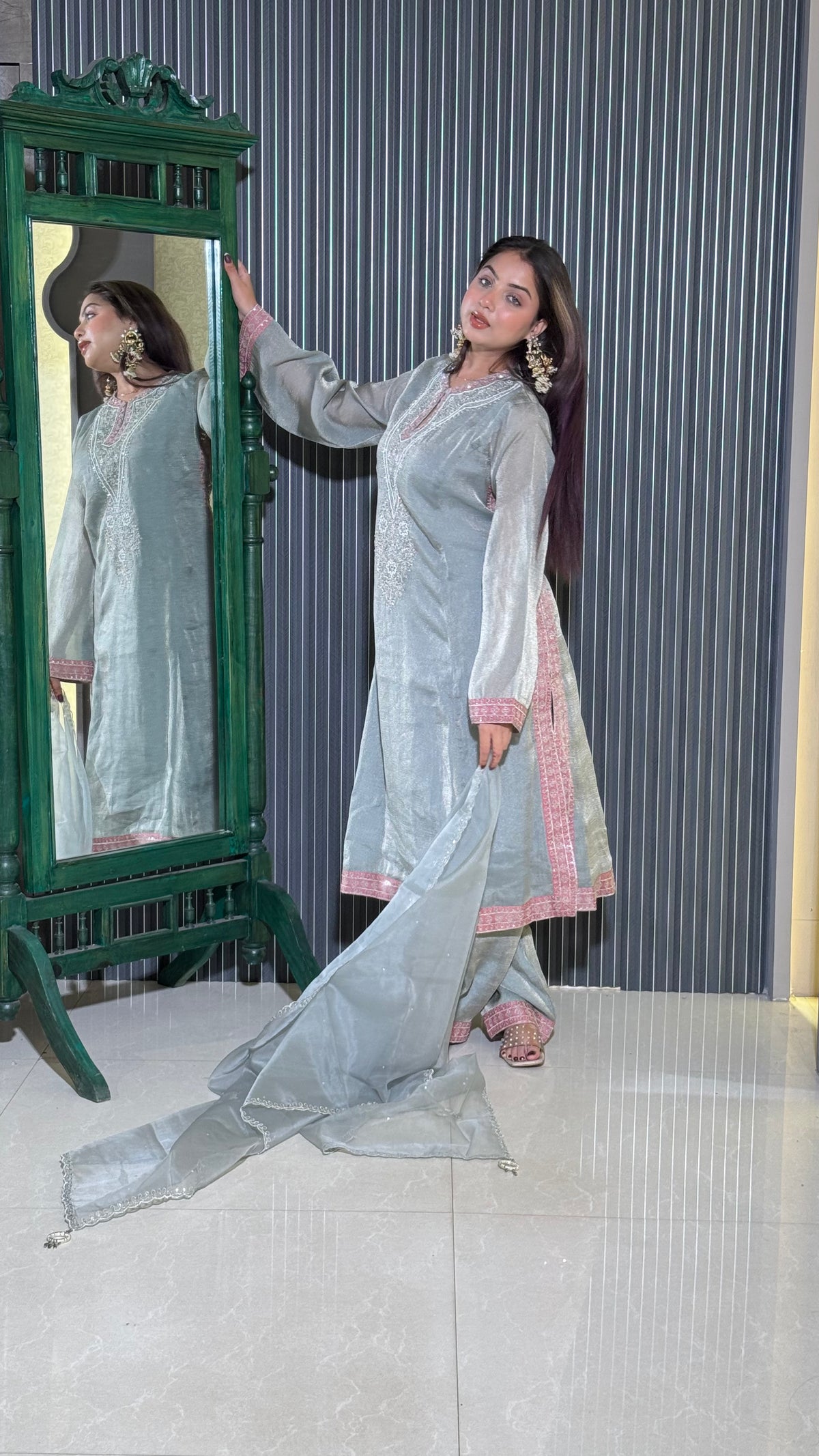Ethereal Tissue Shimmer Suit – Elegant Festive Ensemble