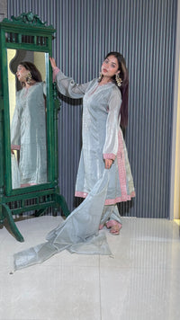 Ethereal Tissue Shimmer Suit – Elegant Festive Ensemble