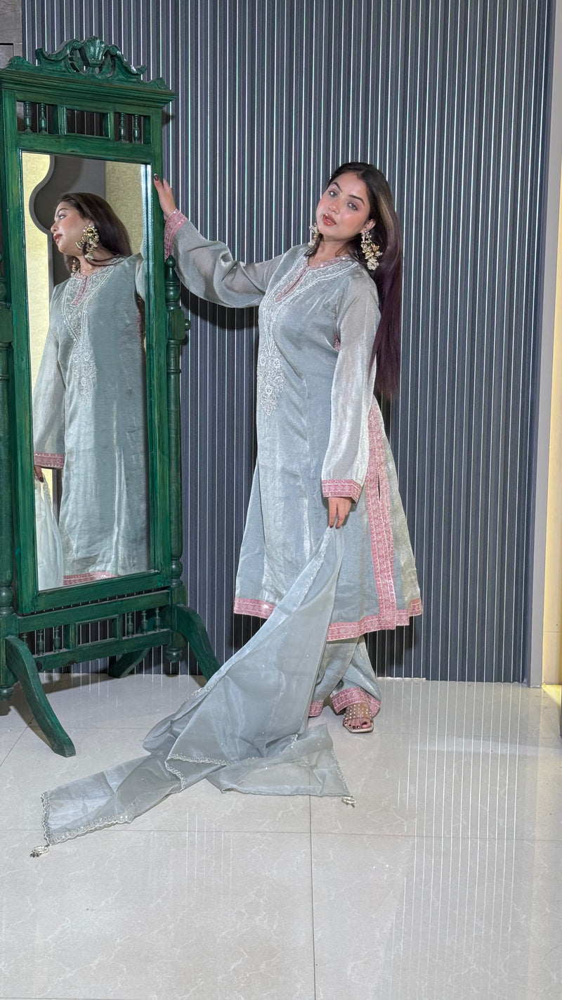 Ethereal Tissue Shimmer Suit – Elegant Festive Ensemble