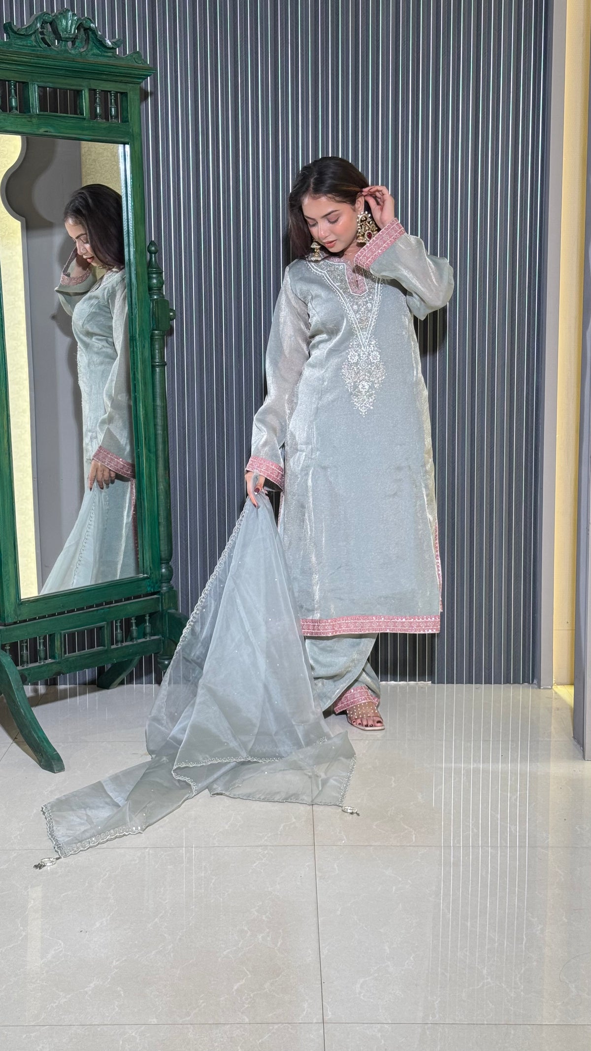 Ethereal Tissue Shimmer Suit – Elegant Festive Ensemble