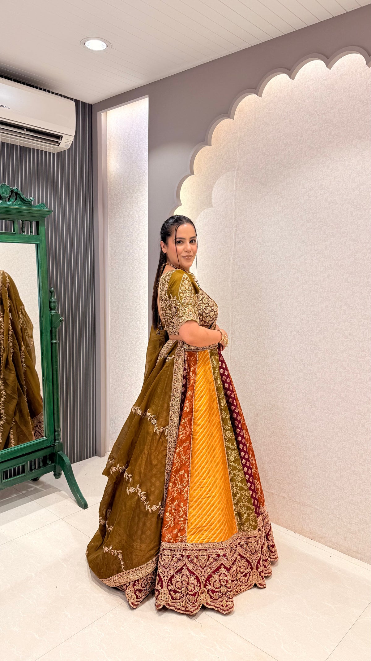 Handwork Embroidery Blouse with Multicolor Banarasi Weaving Lehenga