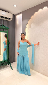 Sky Blue Handwork Cutdana Shirt with Georgette Garara Set