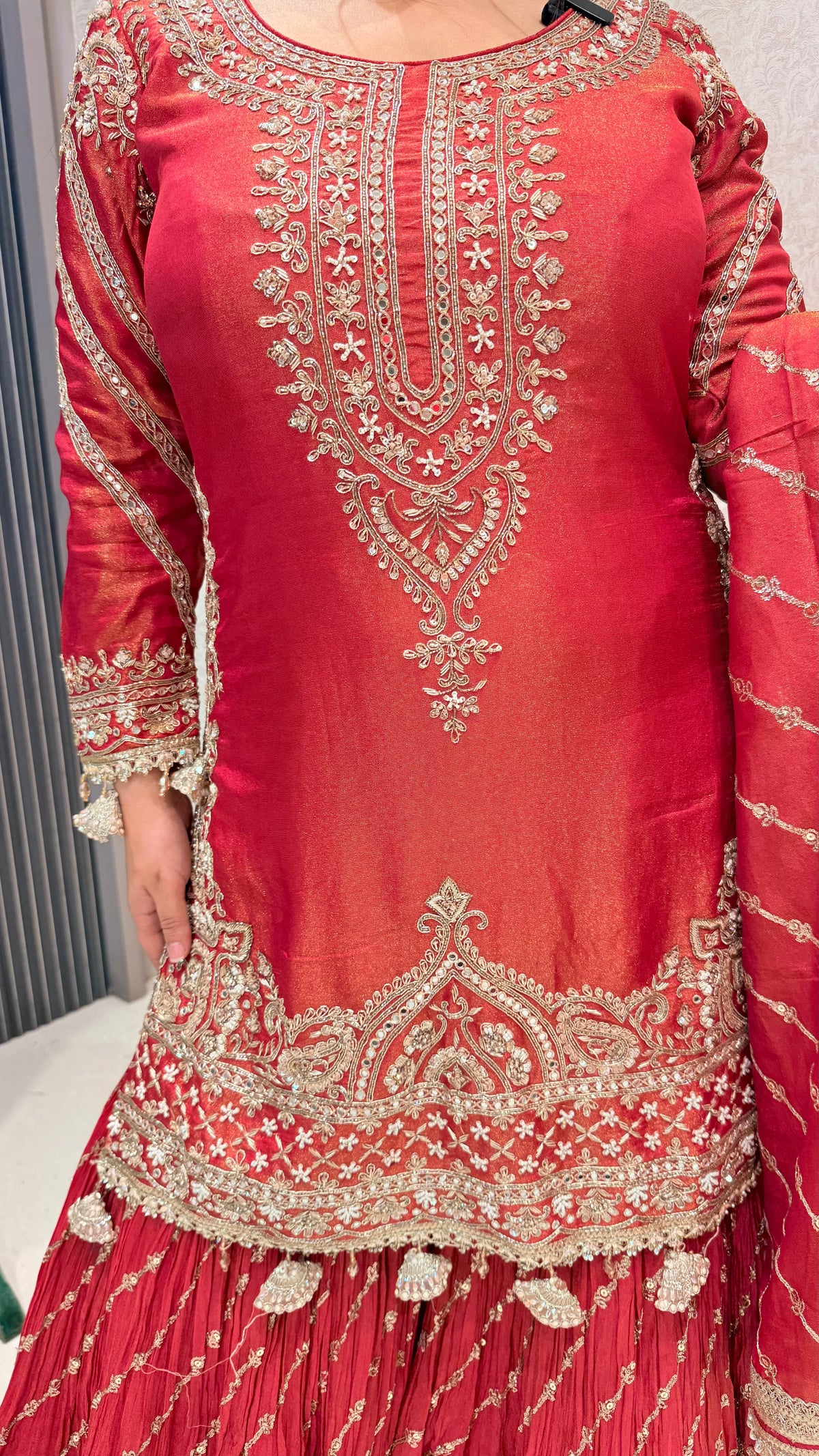 Dabka, Pearl & Cutdana Handwork Suit in Shimmer Silk