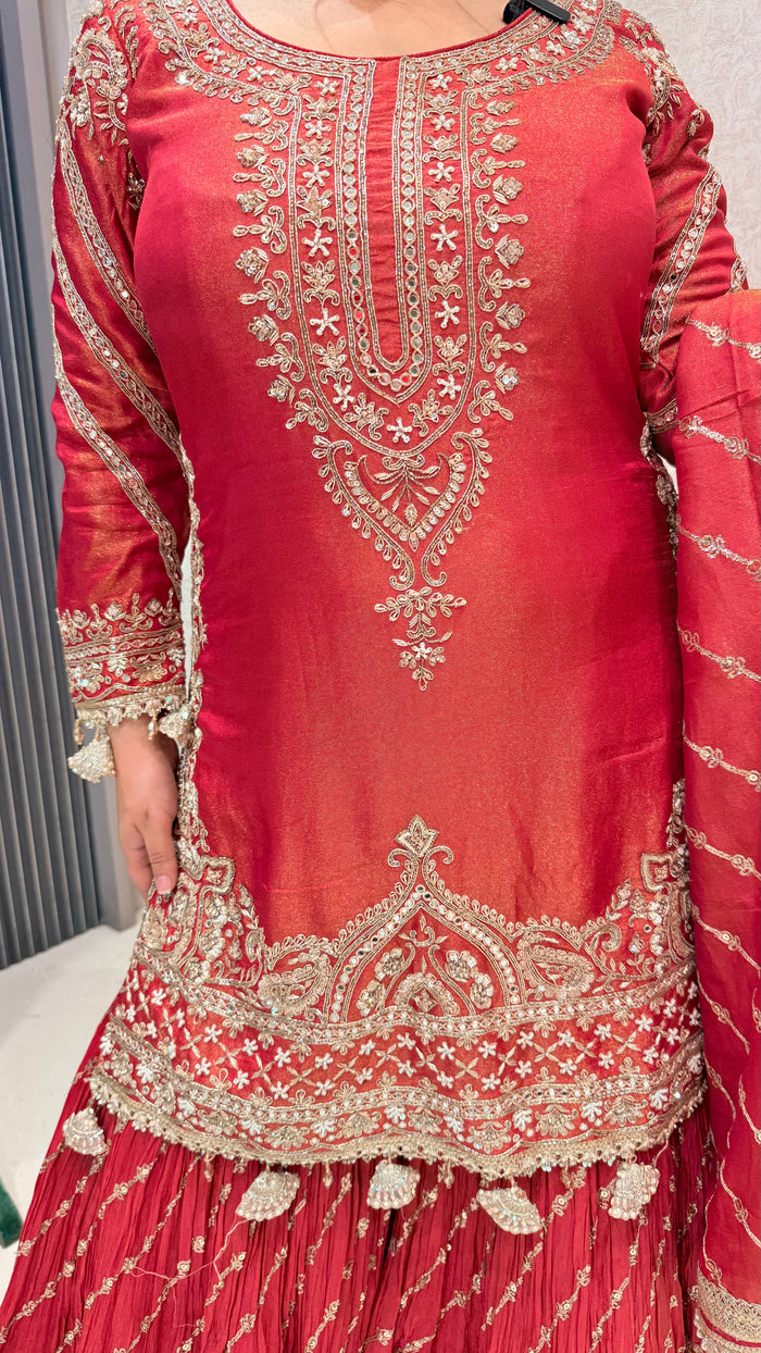 Dabka, Pearl & Cutdana Handwork Suit in Shimmer Silk