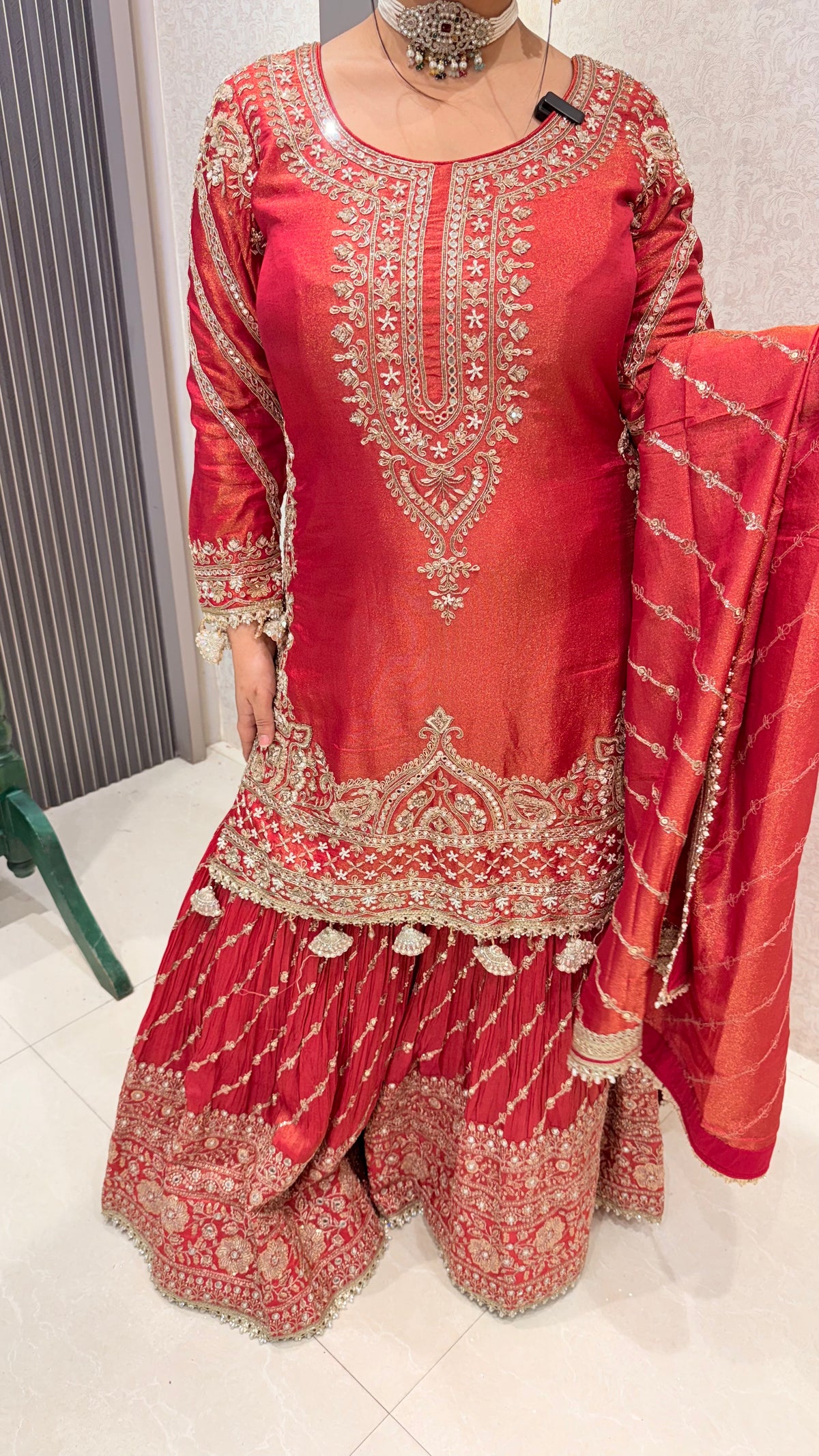 Dabka, Pearl & Cutdana Handwork Suit in Shimmer Silk