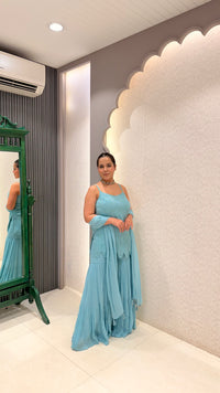 Sky Blue Handwork Cutdana Shirt with Georgette Garara Set