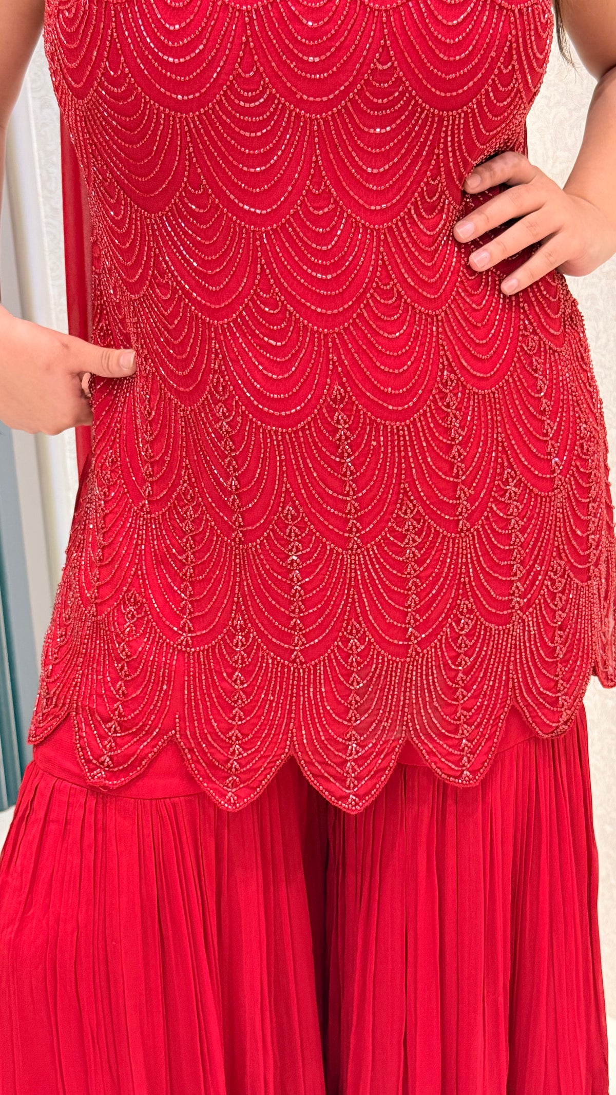 Red Handwork Cutdana Shirt with Georgette Garara Set