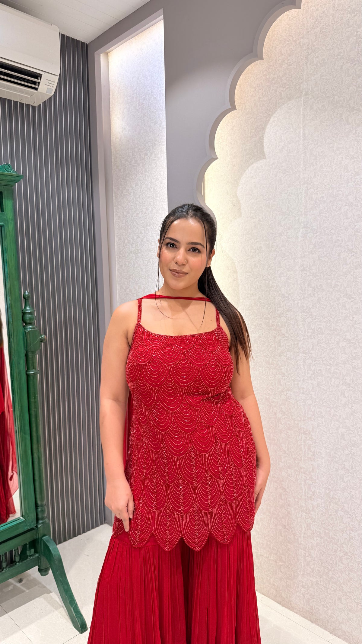 Red Handwork Cutdana Shirt with Georgette Garara Set