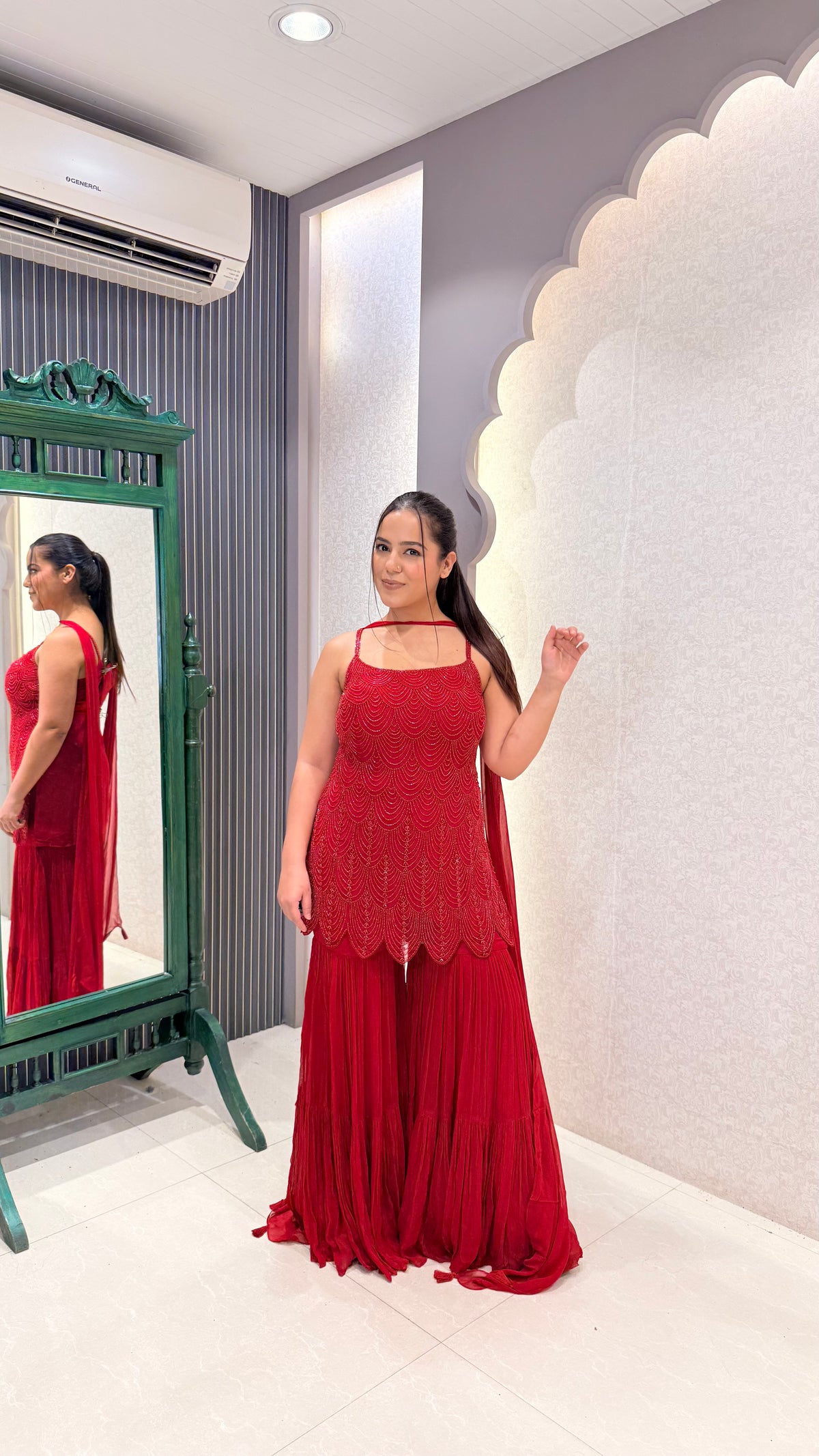 Red Handwork Cutdana Shirt with Georgette Garara Set